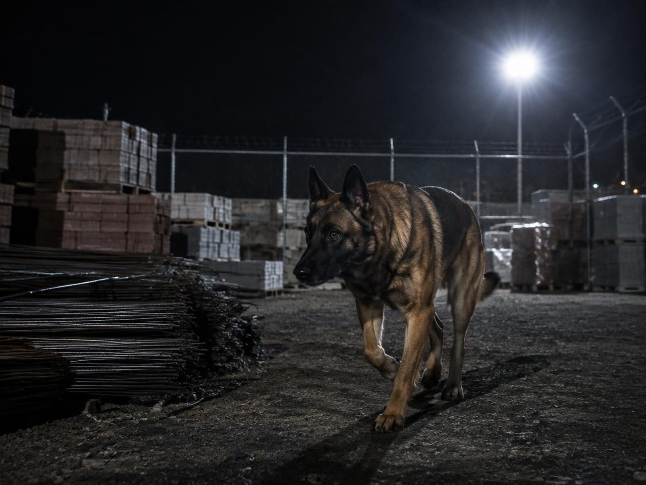 Cão de guarda patrulhando pátio cercado com materiais de construção à noite
