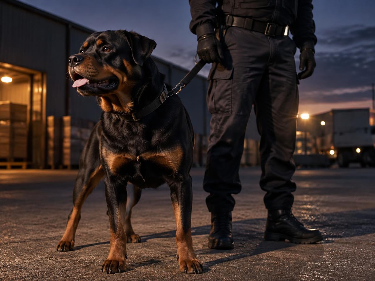 Rottweiler de guarda ao lado de profissional de segurança em área industrial