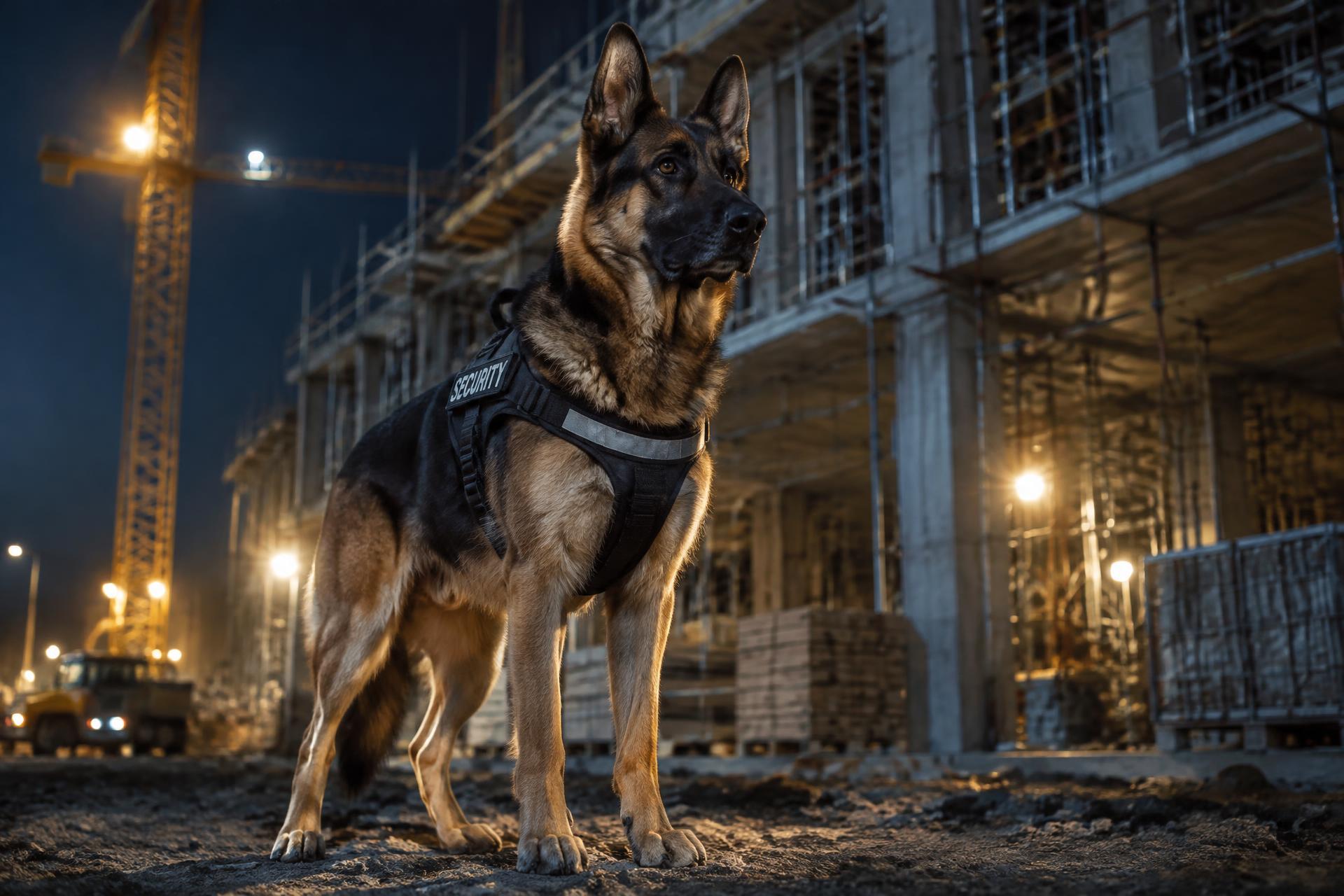 Cão de guarda pastor alemão vigiando um canteiro de obras durante a noite
